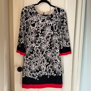 Eliza J Black and White Floral Midi Dress with Red Accents